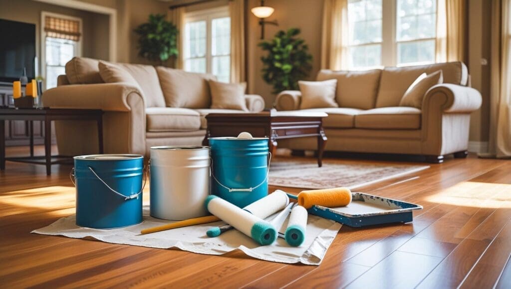 Living room with professional painting equipment on the floor, ready for house painting.